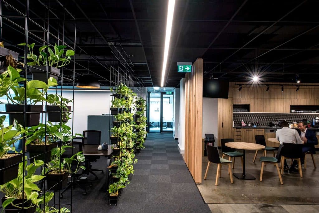 workspace on left with vertical garden separating kitchenette on right with people having a business meeting at table