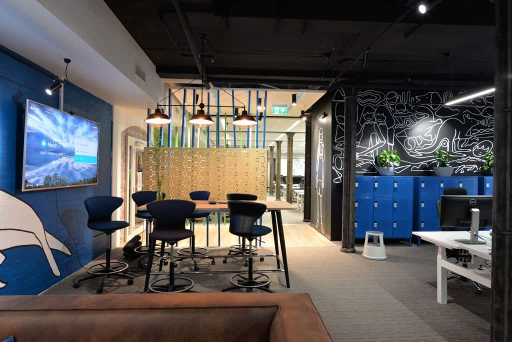 a modern workspace with bold blue accents, divided workspace areas for productivity by office designer IN2 SPACE